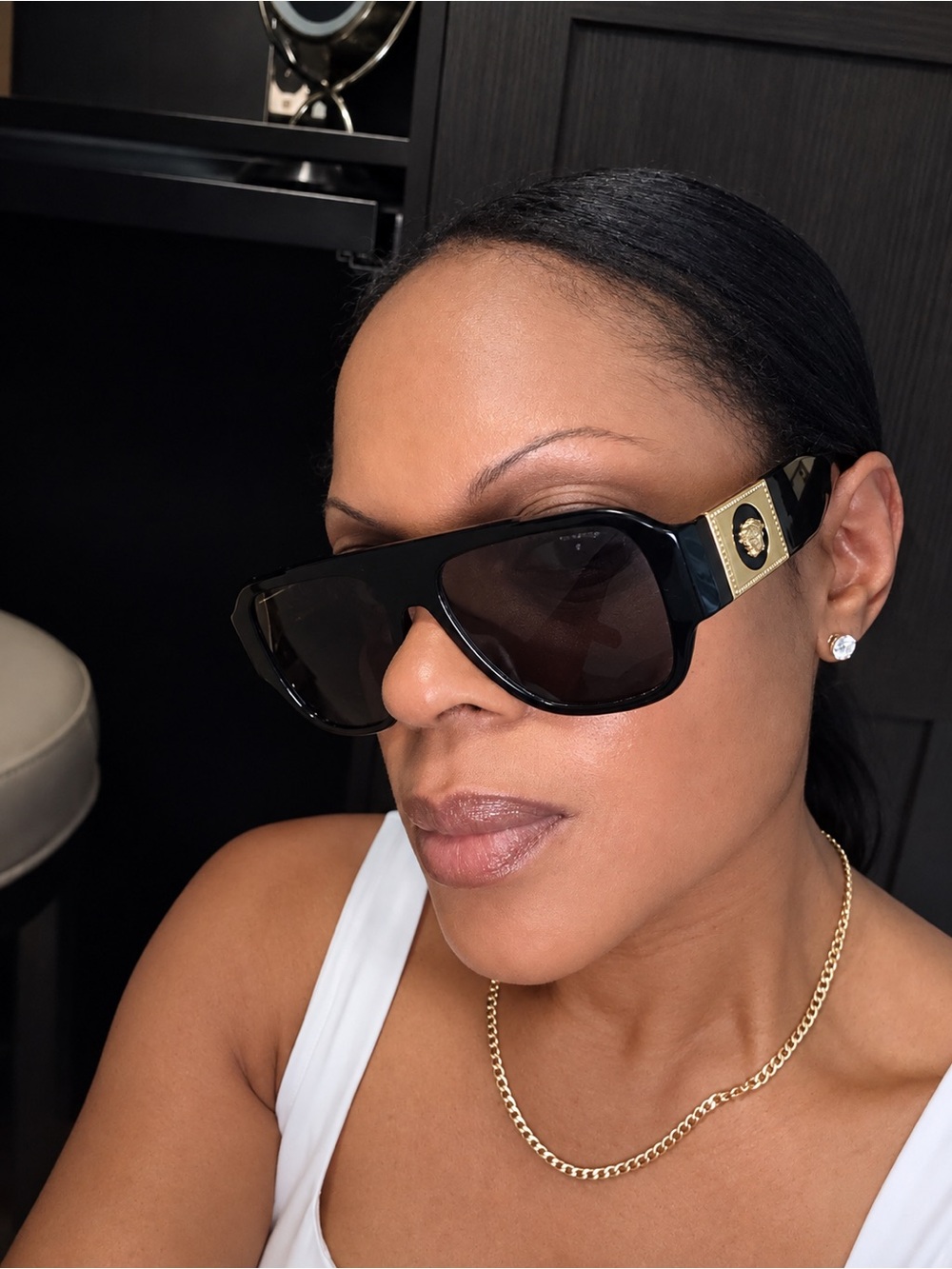 Versace Black Shield Sunglasses with Gold Medallion Accents